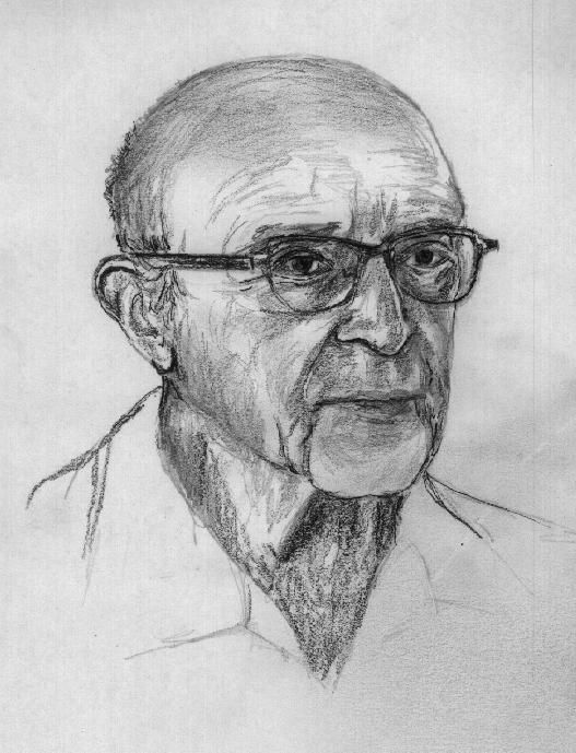 Pencil sketch of Carl Rogers, a bald man with glasses and an open shirt